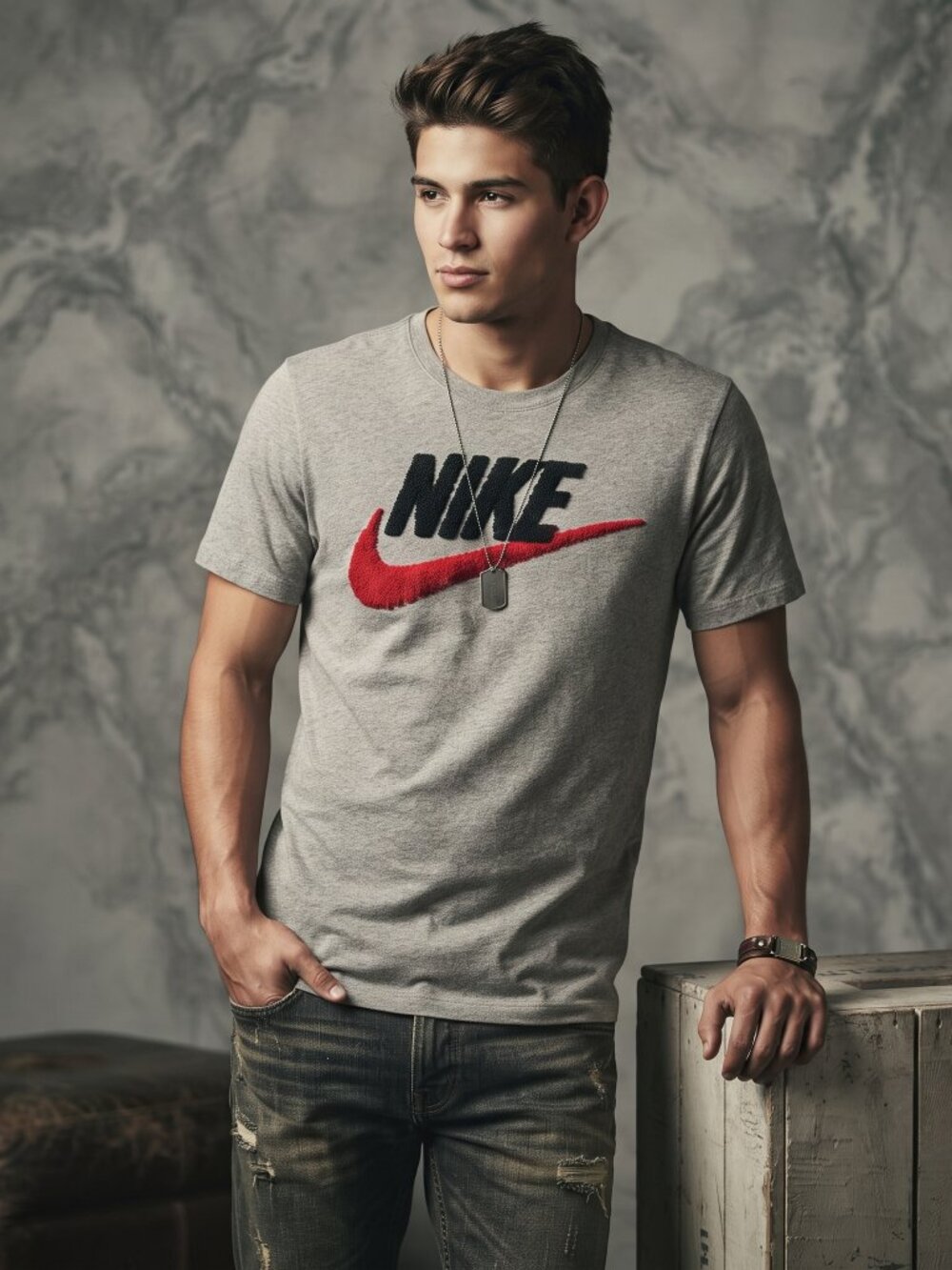 Nike Men Large Gray Tee Red Chenille Swoosh Logo T Shirt Casual Sport Y2K